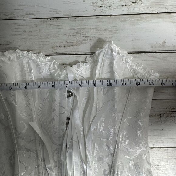 Pin Up White Jacquard Floral Lace Up Boned Frilly Corset Bustier Top S - Picture 9 of 16